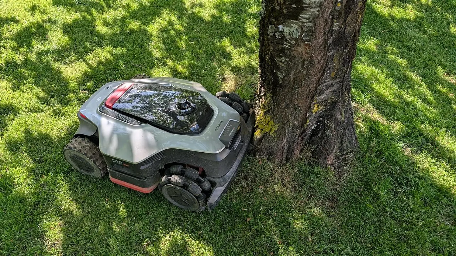 Dreame A3 AWD auf dem Rasen neben Baumstamm